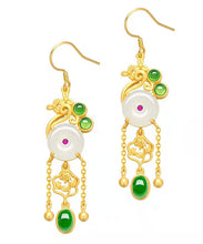 Load image into Gallery viewer, Fine White Sterling Silver Inlaid Gem Stone Jade Tassel Drop Earrings