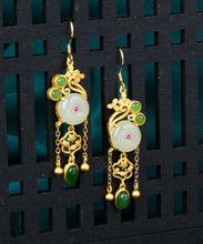 Load image into Gallery viewer, Fine White Sterling Silver Overgild Jade Tassel Drop Earrings