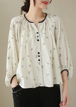 Load image into Gallery viewer, Fitted Beige Oversized Print Cotton Blouses Lantern Sleeve