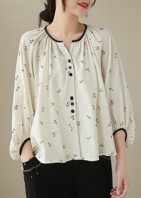 Fitted Beige Oversized Print Cotton Blouses Lantern Sleeve