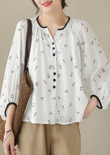 Load image into Gallery viewer, Fitted Beige Oversized Print Cotton Blouses Lantern Sleeve