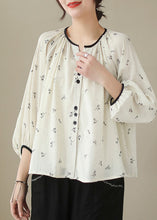 Load image into Gallery viewer, Fitted Beige Oversized Print Cotton Blouses Lantern Sleeve