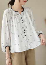 Load image into Gallery viewer, Fitted Beige Oversized Print Cotton Blouses Lantern Sleeve