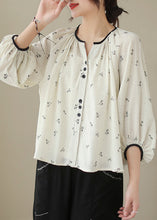 Load image into Gallery viewer, Fitted Beige Oversized Print Cotton Blouses Lantern Sleeve