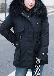 Fitted Black Fur Collar Cinched Fine Cotton Filled Puffer Jacket Winter