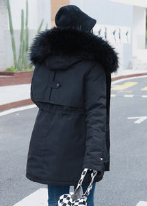 Fitted Black Fur Collar Cinched Fine Cotton Filled Puffer Jacket Winter