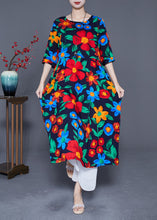 Load image into Gallery viewer, Fitted Black Oversized Print Cotton Long Dress Half Sleeve