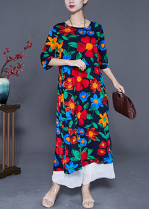 Fitted Black Oversized Print Cotton Long Dress Half Sleeve