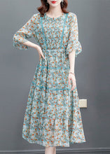 Load image into Gallery viewer, Fitted Blue Cinched Patchwork Wrinkled Chiffon Long Dresses Summer