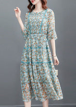 Load image into Gallery viewer, Fitted Blue Cinched Patchwork Wrinkled Chiffon Long Dresses Summer