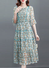 Load image into Gallery viewer, Fitted Blue Cinched Patchwork Wrinkled Chiffon Long Dresses Summer