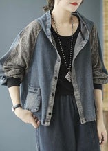 Load image into Gallery viewer, Fitted Blue Hooded Patchwork denim Coat