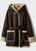 Load image into Gallery viewer, Fitted Coffee Tie Waist Button Thick Hoodie Woolen Blended Coat Winter