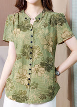 Load image into Gallery viewer, Fitted Green Stand Collar Print Button Silk Blouse Top Summer