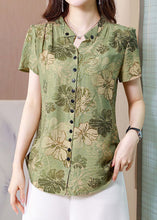 Load image into Gallery viewer, Fitted Green Stand Collar Print Button Silk Blouse Top Summer