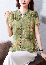 Load image into Gallery viewer, Fitted Green Stand Collar Print Button Silk Blouse Top Summer