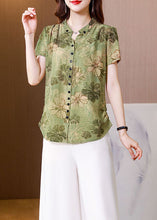 Load image into Gallery viewer, Fitted Green Stand Collar Print Button Silk Blouse Top Summer