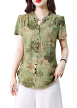 Load image into Gallery viewer, Fitted Green Stand Collar Print Button Silk Blouse Top Summer