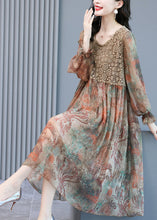 Load image into Gallery viewer, Fitted O-Neck Print Lace Patchwork Chiffon Party Dress lantern sleeve