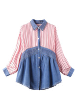 Load image into Gallery viewer, Fitted Pink Blue Peter Pan Collar Button Shirt Long Sleeve