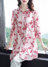 Load image into Gallery viewer, Fitted Pink Button Peter Pan Collar Print Long Chiffon Blouse Top Half Sleeve