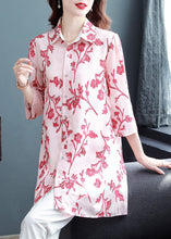 Load image into Gallery viewer, Fitted Pink Button Peter Pan Collar Print Long Chiffon Blouse Top Half Sleeve