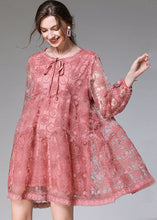 Load image into Gallery viewer, Fitted Pink Embroideried Patchwork Lace Mid Dress Long Sleeve