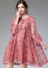 Load image into Gallery viewer, Fitted Pink Embroideried Patchwork Lace Mid Dress Long Sleeve