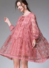 Load image into Gallery viewer, Fitted Pink Embroideried Patchwork Lace Mid Dress Long Sleeve