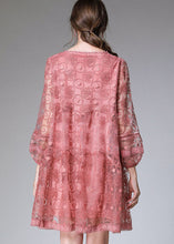 Load image into Gallery viewer, Fitted Pink Embroideried Patchwork Lace Mid Dress Long Sleeve