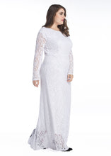 Load image into Gallery viewer, Fitted White O-Neck Hollow Out Patchwork Lace Dress Long Sleeve