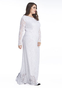 Fitted White O-Neck Hollow Out Patchwork Lace Dress Long Sleeve