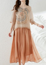 Load image into Gallery viewer, French Apricot V Neck Print Patchwork Tops And Skirts Cotton Two Pieces Set Summer