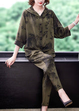 Load image into Gallery viewer, French Army Green Hooded Print Silk Two Pieces Set Spring