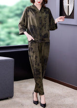 Load image into Gallery viewer, French Army Green Hooded Print Silk Two Pieces Set Spring