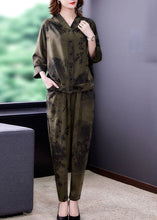 Load image into Gallery viewer, French Army Green Hooded Print Silk Two Pieces Set Spring