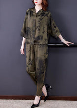 Load image into Gallery viewer, French Army Green Hooded Print Silk Two Pieces Set Spring