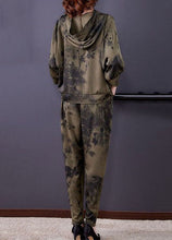 Load image into Gallery viewer, French Army Green Hooded Print Silk Two Pieces Set Spring