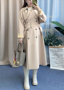 French Beige Double Breast Tie Waist Spandex Trench Fall