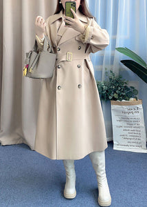 French Beige Double Breast Tie Waist Spandex Trench Fall