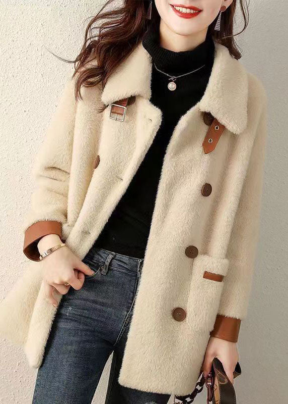 French Beige Peter Pan Collar Pockets Patchwork Faux Fur Coat Fall