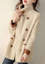 Load image into Gallery viewer, French Beige Peter Pan Collar Pockets Patchwork Faux Fur Coat Fall