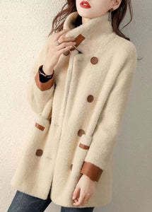 French Beige Peter Pan Collar Pockets Patchwork Faux Fur Coat Fall