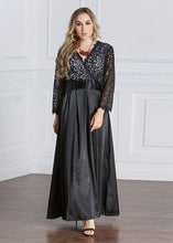 Load image into Gallery viewer, French Black High Waist Hollow Out Lace Patchwork Long Dresses Fall