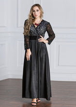 Load image into Gallery viewer, French Black High Waist Hollow Out Lace Patchwork Long Dresses Fall