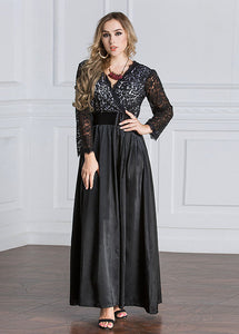 French Black High Waist Hollow Out Lace Patchwork Long Dresses Fall