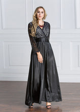 Load image into Gallery viewer, French Black High Waist Hollow Out Lace Patchwork Long Dresses Fall