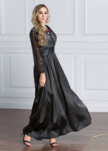 Load image into Gallery viewer, French Black High Waist Hollow Out Lace Patchwork Long Dresses Fall