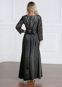 French Black High Waist Hollow Out Lace Patchwork Long Dresses Fall