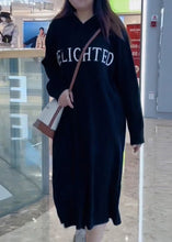 Load image into Gallery viewer, French Black Hooded Letter Print Knit Long Dress Fall